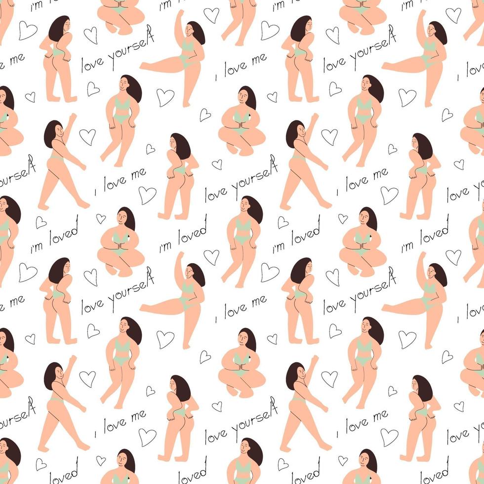 bodypositive meisjes naadloze patroon. een bochtig model pronkt met haar lichaam. vector illustratie