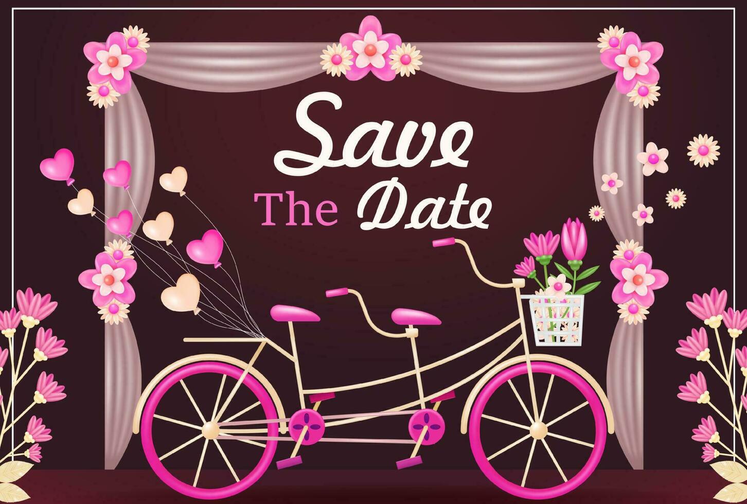 bruiloft uitnodiging. 3d illustratie van dubbele paar fiets met bloem en hart ballon, modern kaart ontwerp met roze bloemen kader en kleding stof bruiloft boog Aan donker rood achtergrond vector