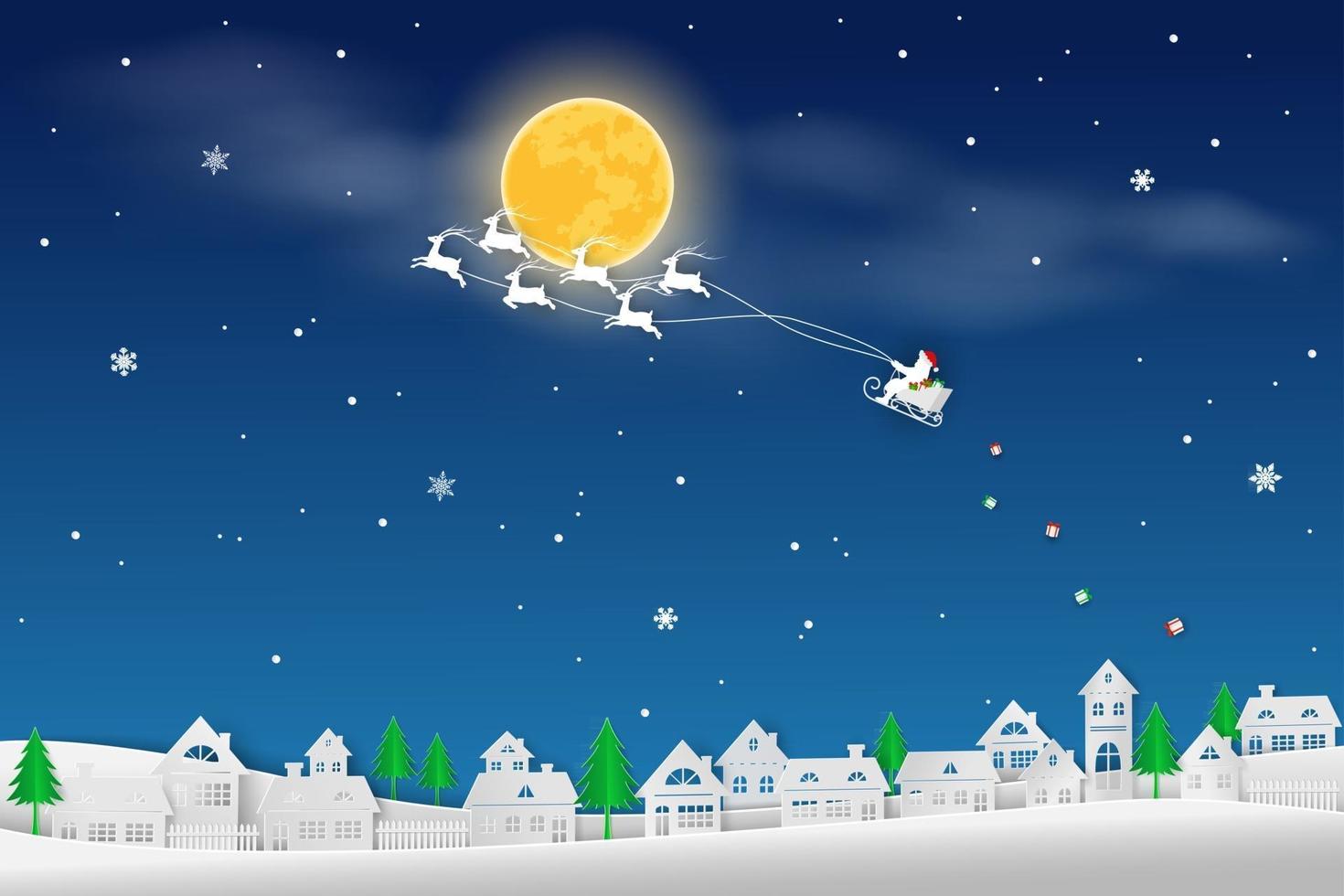 winterlandschap met de kerstman vliegen boven plattelandshuis op blauwe nacht achtergrond vector
