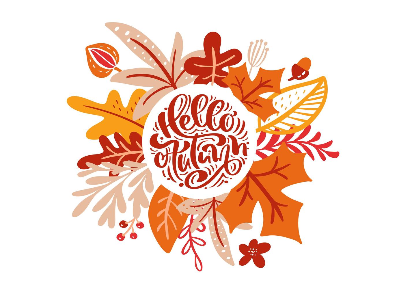 wenskaart met tekst hallo herfst. oranje bladeren van esdoorn, rood gebladerte, eik en berkenboom, het seizoenaffiche van de herfstnatuur of het ontwerp van de thanksgiving daybanner vector