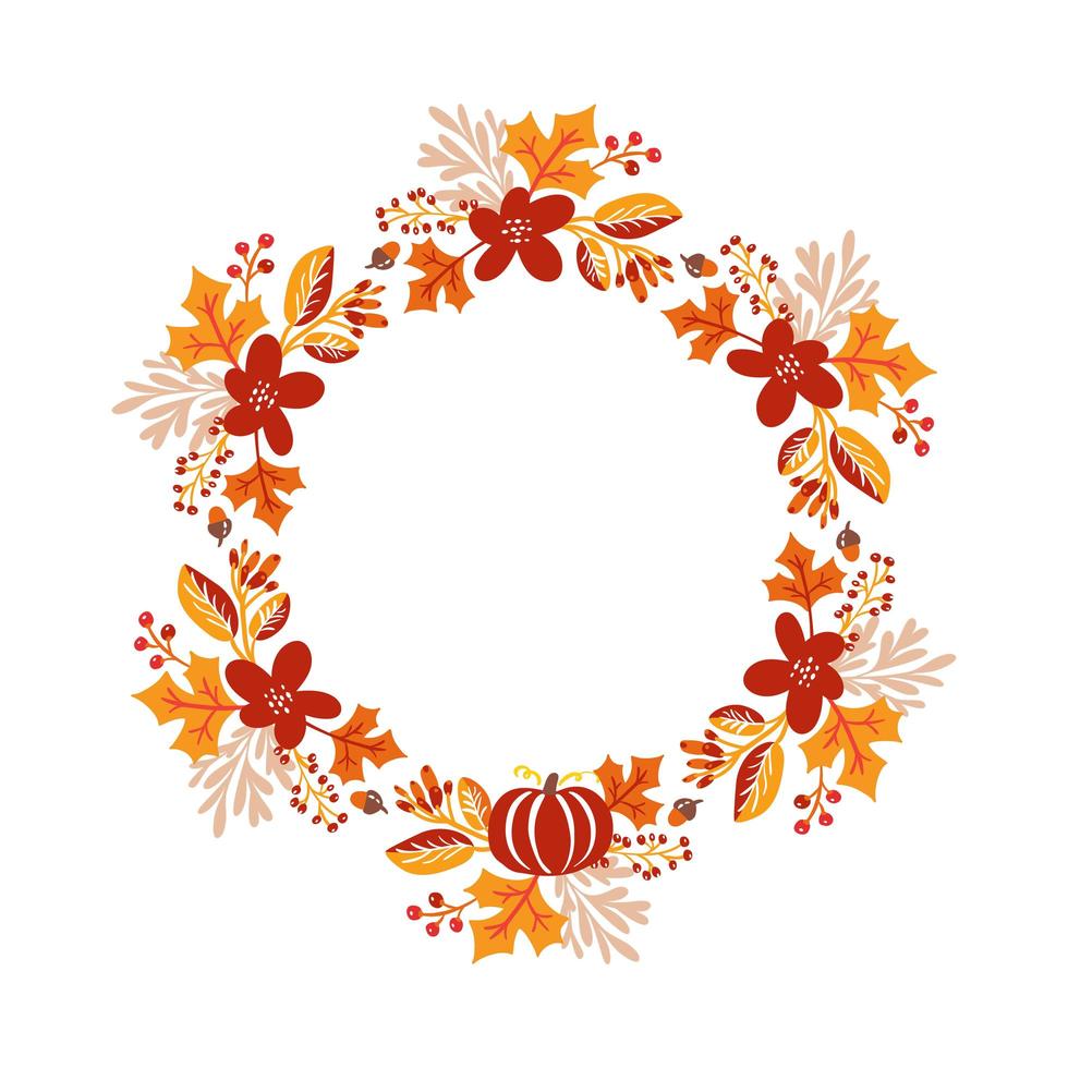 vector frame herfst boeket krans. oranje bladeren, bessen en pompoen geïsoleerd op een witte achtergrond met plaats voor tekst. perfect voor seizoensvakanties, thanksgiving day