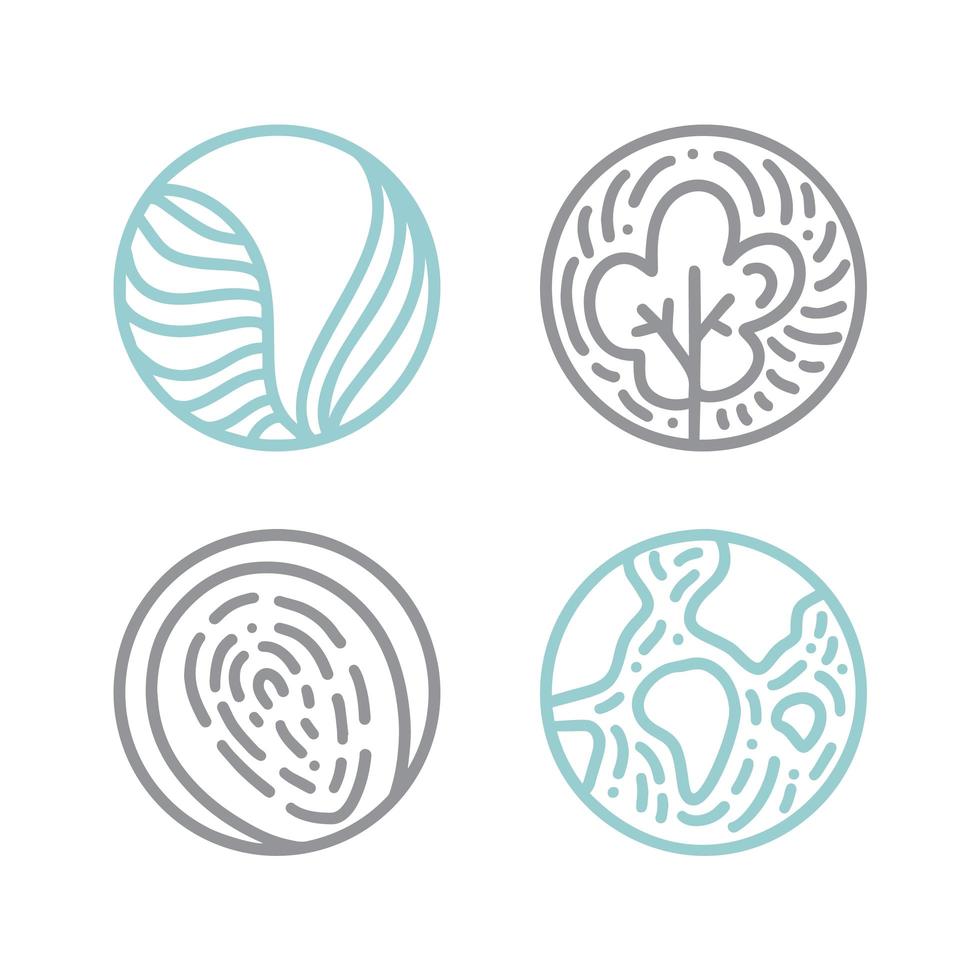 set ronde bio-emblemen in de lineaire stijl van een cirkel. tropische plant groene bladeren logo. vector abstracte badge voor ontwerp van natuurlijke producten, bloemenwinkel, cosmetica, ecologieconcepten, gezondheid, spa