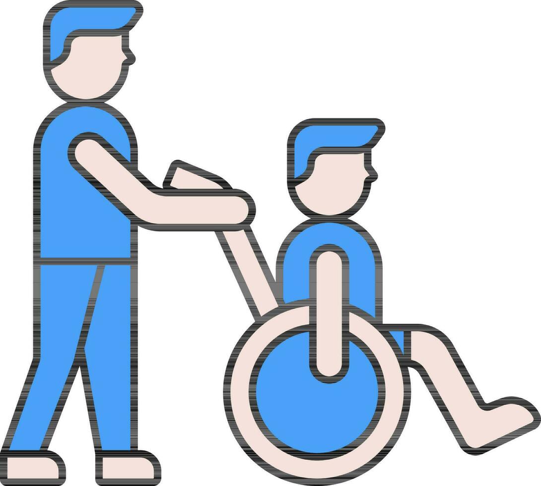blauw en roze kleur helper met gehandicapt Mens Aan rolstoel icoon. vector