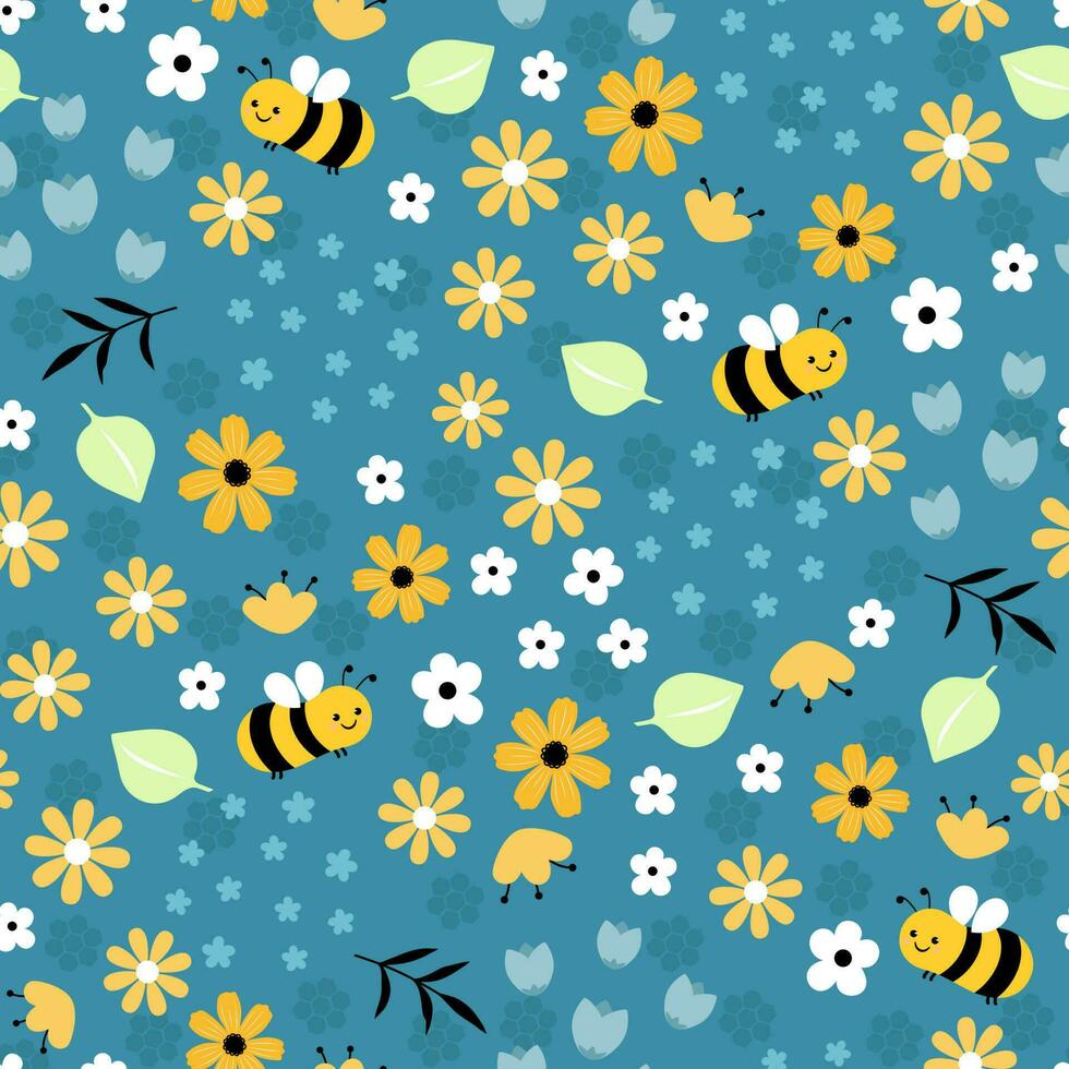 naadloos patroon met tekenfilm bijen, bladeren, bloemen. kleurrijk vector vlak stijl voor kinderen. baby ontwerp voor kleding stof, afdrukken, wikkel, textiel