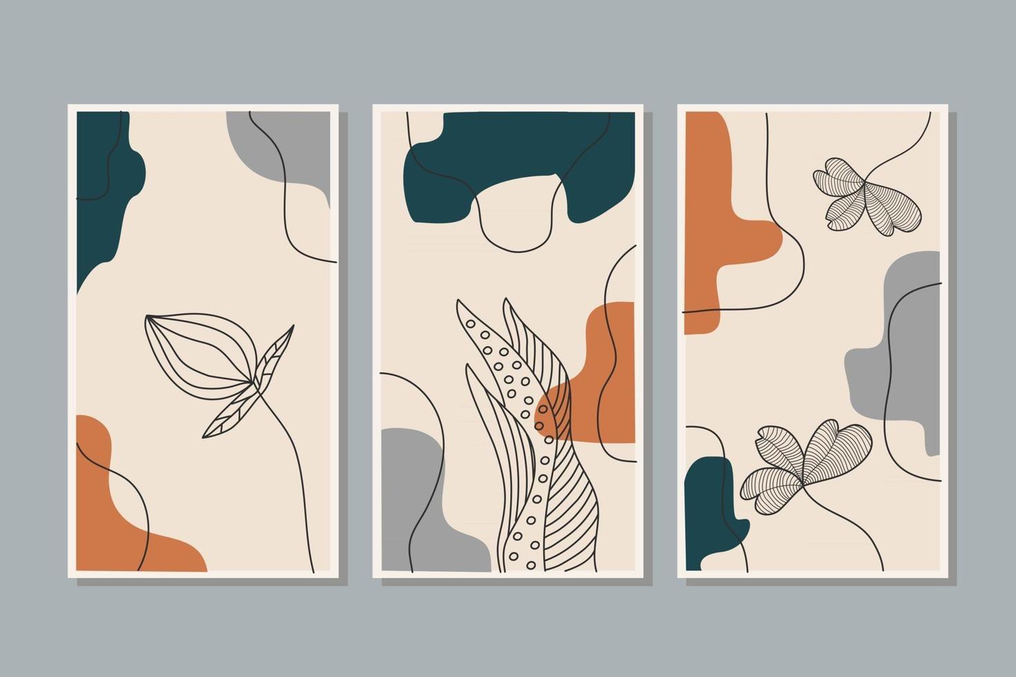 set van vector botanische muurkunst gebladerte lijntekeningen tekening met abstracte vorm abstracte plant kunst ontwerp voor print omslag behang minimaal en natuurlijke muur kunst vectorillustratie