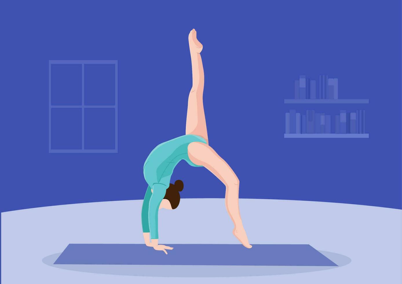 jong vrouw beoefenen yoga, mediteren en uitrekken Aan de mat vrouw karakter beoefenen Bij huis vlak vector illustratie.