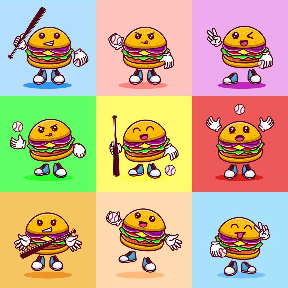 reeks van vector illustratie van kawaii hamburger tekenfilm karakter met basketbal knuppel en bal. vector eps 10