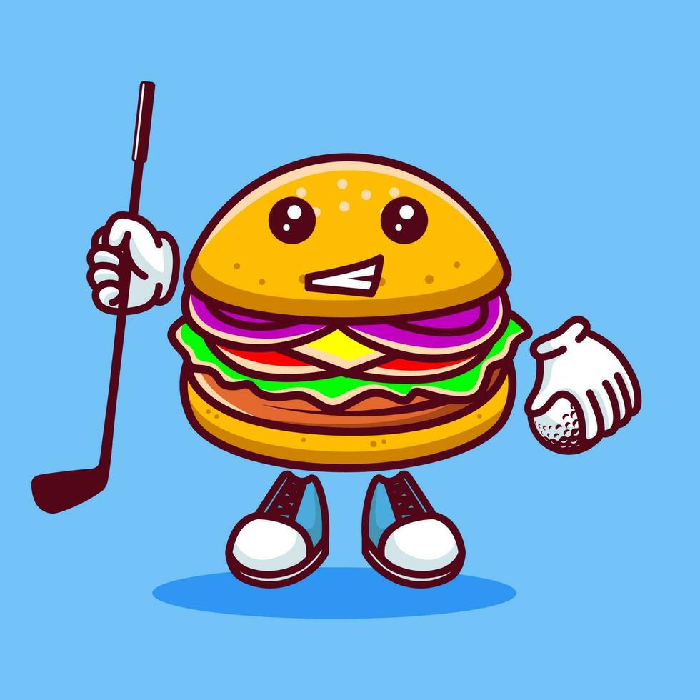 vector illustratie van kawaii hamburger tekenfilm karakter met stok golf en bal. vector eps 10