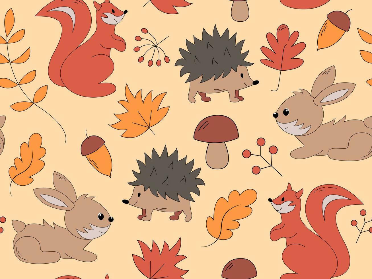 vector naadloos patroon met schattig tekenfilm herfst elementen voor dankzegging dag decoratie. klein wild dieren - eekhoorn, egel en haas in de herfst Woud met geel bladeren.