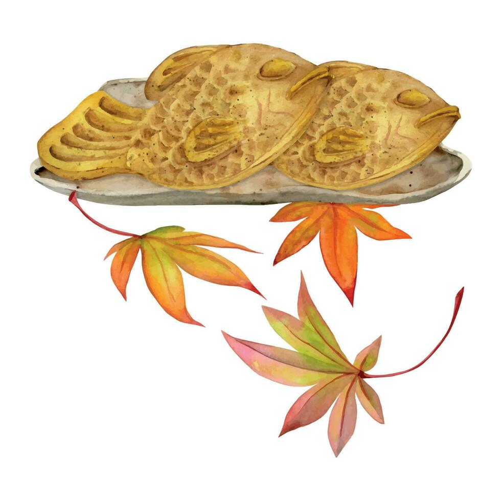 waterverf hand- getrokken traditioneel Japans snoepgoed. keramisch gerecht, taiyaki, herfst esdoorn- bladeren. geïsoleerd Aan wit achtergrond. ontwerp voor uitnodigingen, restaurant menu, groet kaarten, afdrukken, textiel vector