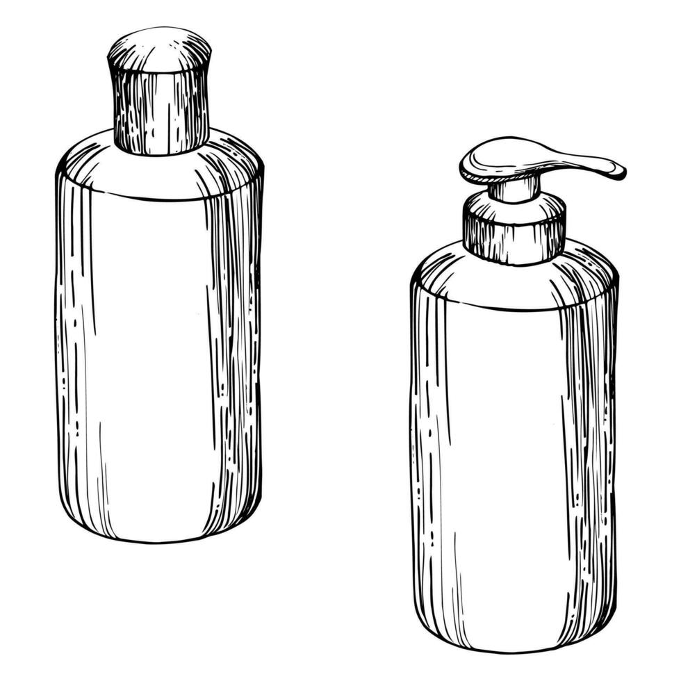 hand- getrokken vector inkt spa huidsverzorging bad schoonheid fles en dispencer producten pakket. geïsoleerd voorwerp Aan wit achtergrond. ontwerp voor muur kunst, welzijn toevlucht, afdrukken, kleding stof, omslag, kaart, boekje.