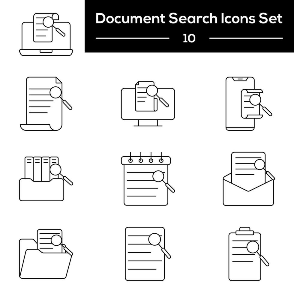 verschillend type document zoeken icoon reeks in zwart schets. vector