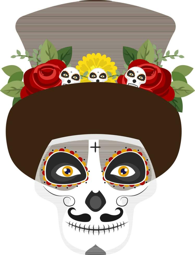 illustratie van suiker schedel of calaveras vervelend bruin hoed versierd met bloemen. vector