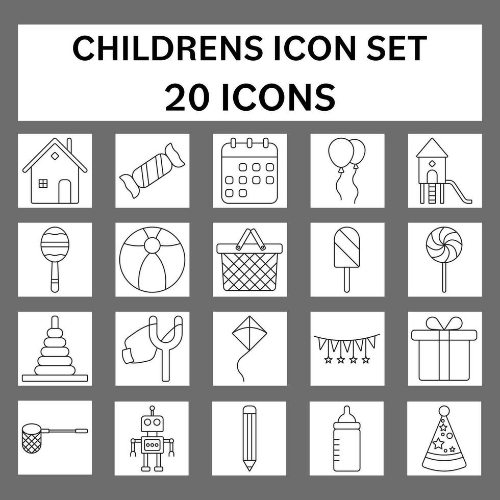 zwart dun lijn kunst van 20 kinderen plein icoon set. vector