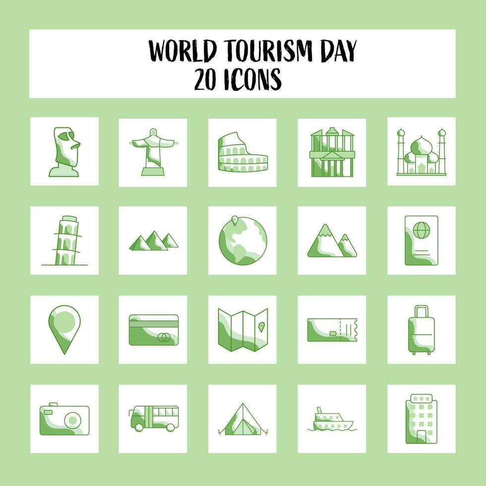 groen en wit kleur reeks van wereld toerisme dag plein pictogrammen. vector