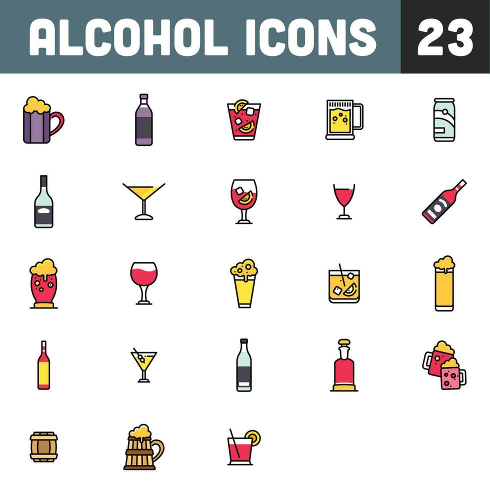 kleurrijk alcohol 23 pictogrammen Aan wit achtergrond. vector