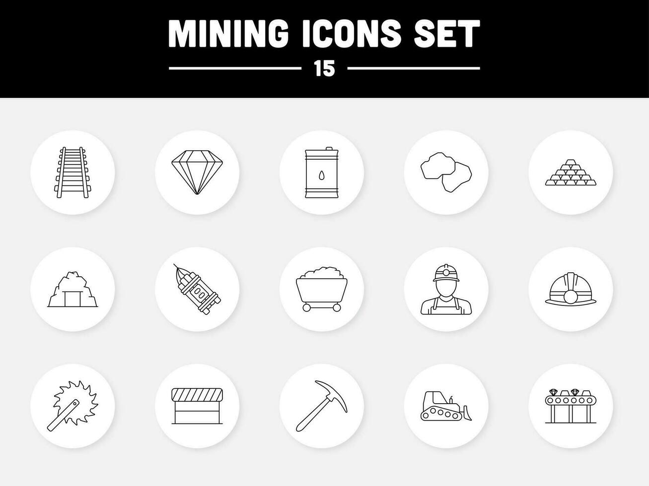 zwart schets 15 mijnbouw icoon reeks Aan wit cirkel achtergrond. vector