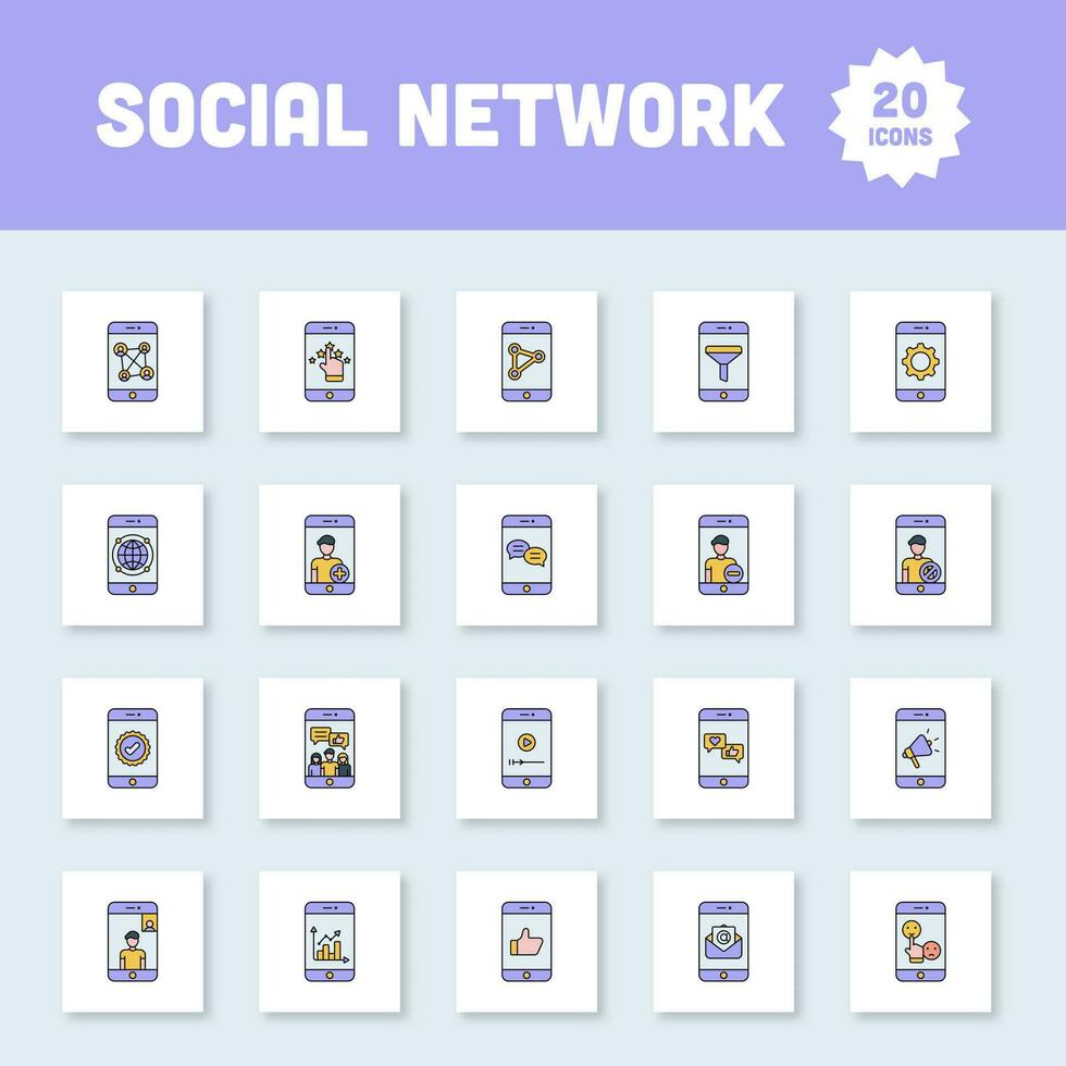 geel en blauw kleur reeks van verschillend sociaal netwerk verbinding van mobiel sqaure icoon. vector