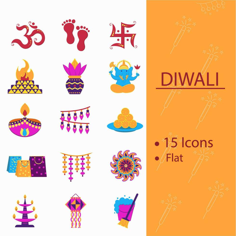 geïsoleerd kleurrijk diwali pictogrammen reeks in vlak stijl. vector