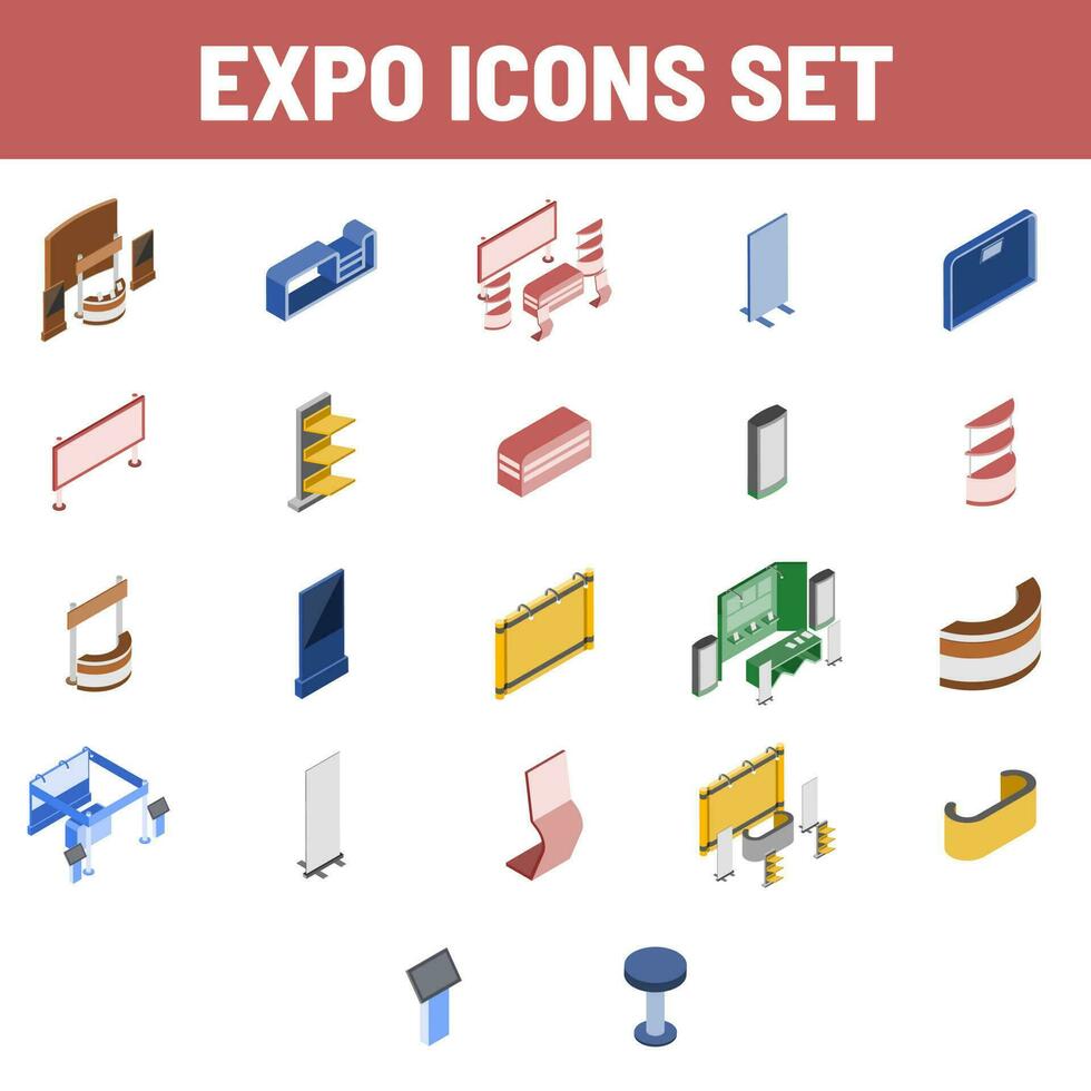 verschillend kleurrijk platformen tentoonstelling staan expo icoon reeks in 3d stijl. vector