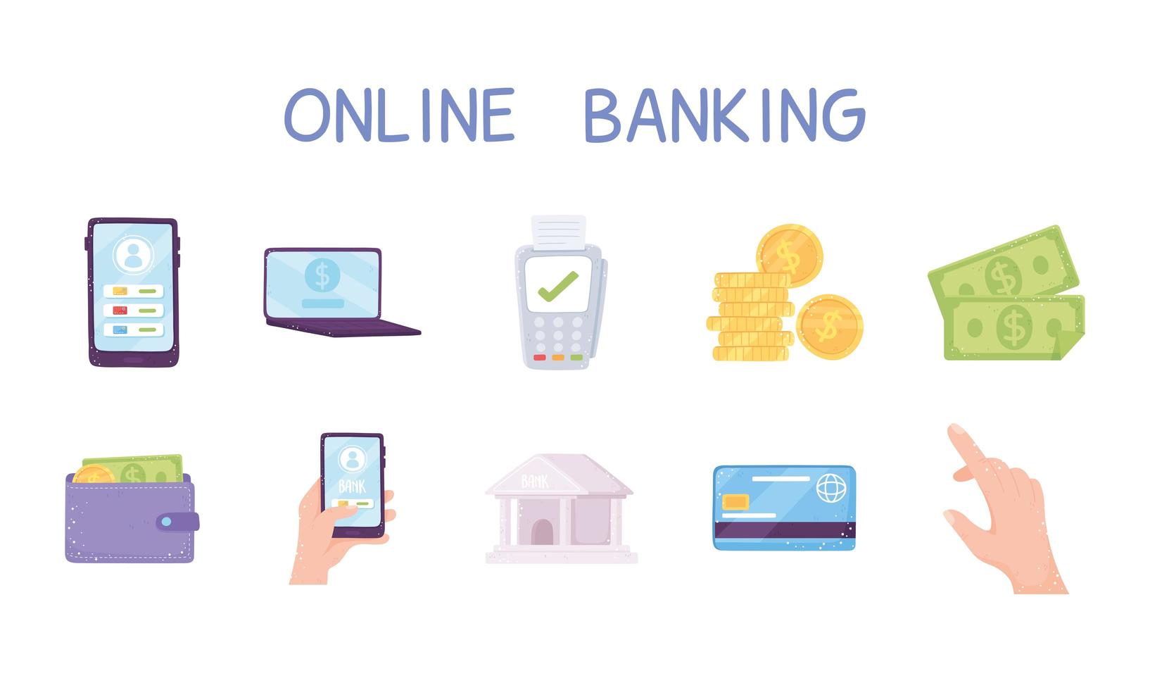 set van online bankieren bank munten geld rekeningen portemonnee smartphone en laptop vector