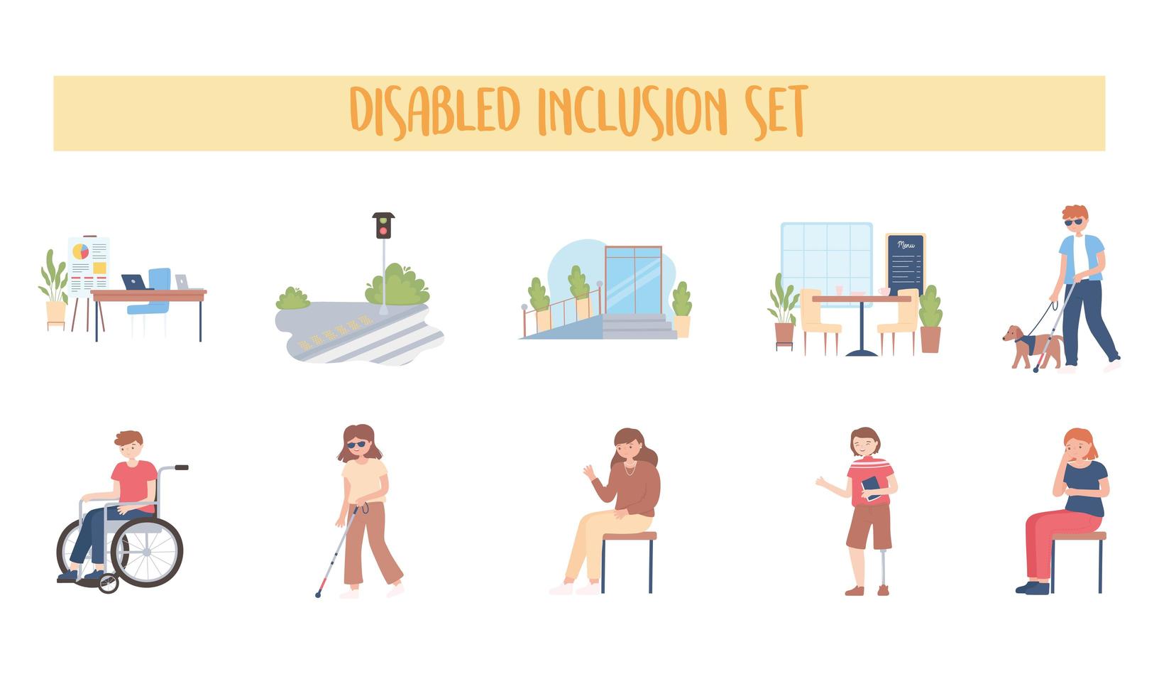 gehandicapten inclusie set mensen activiteit werken wandelen vector