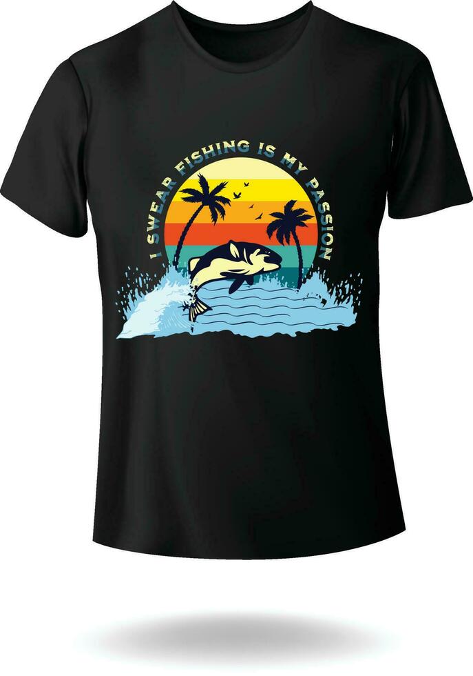 ik zweer visvangst is mijn passie wijnoogst retro stijl zee vis blauw walvis palm boom zomer strand zonsopkomst zee strand vector illustratie t-shirt ontwerp eps 10