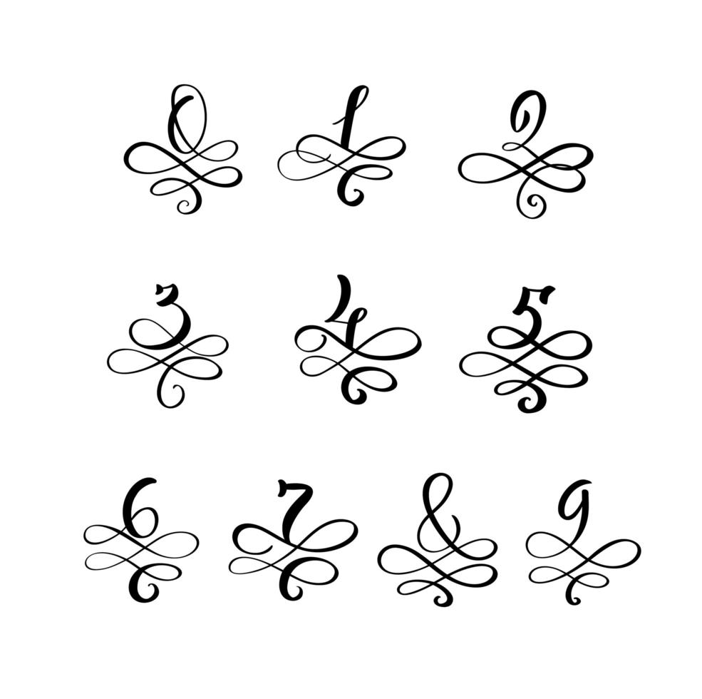 vector hand getekend kalligrafische vintage nummers monogram of logo. handschriftcijfer van nul tot negen met wervelingen en krul. bruiloft bloemdessin