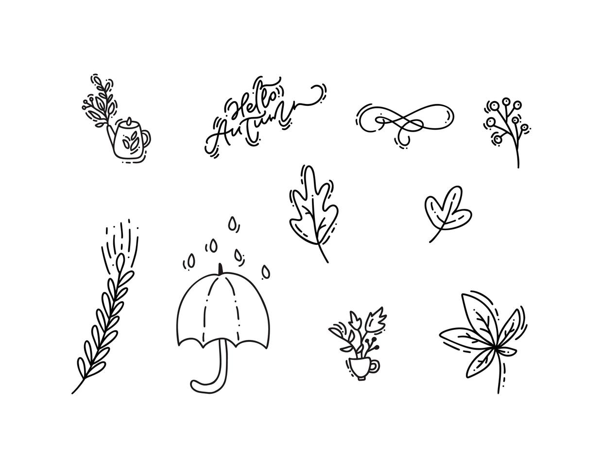 set van vector monoline doodle floral elementen. herfstcollectie grafisch ontwerp bundel. kruiden, bladeren, paraplu. hand getekend thanksgiving modern herfst decor
