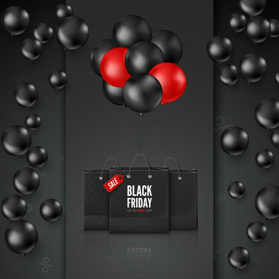zwart vrijdag poster met korting bieden. zwart en rood ballonnen met boodschappen doen tas. web banier ontwerp. vector