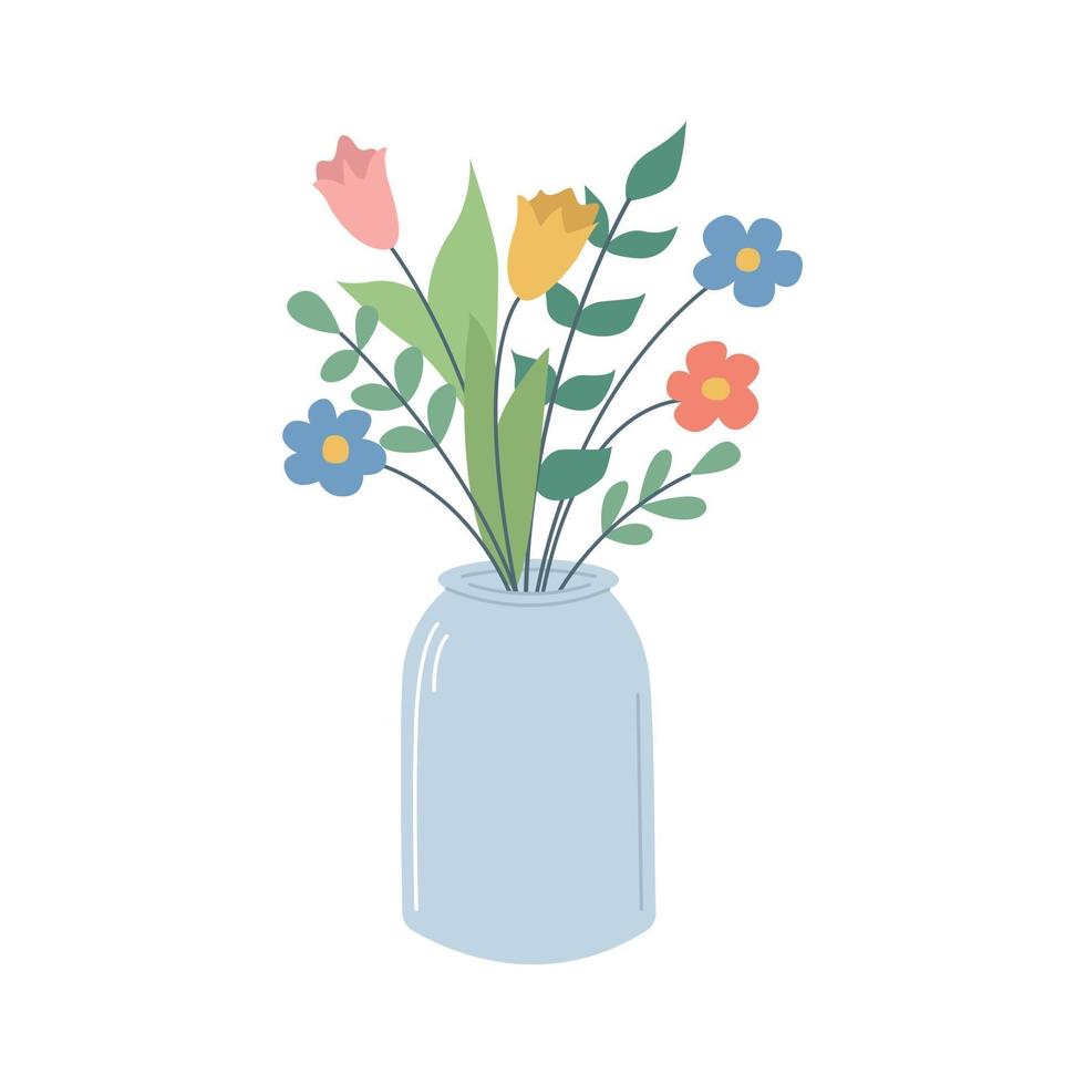 schattige mooie bloemen in een glazen pot. vector afbeelding in een vlakke stijl op een witte achtergrond.