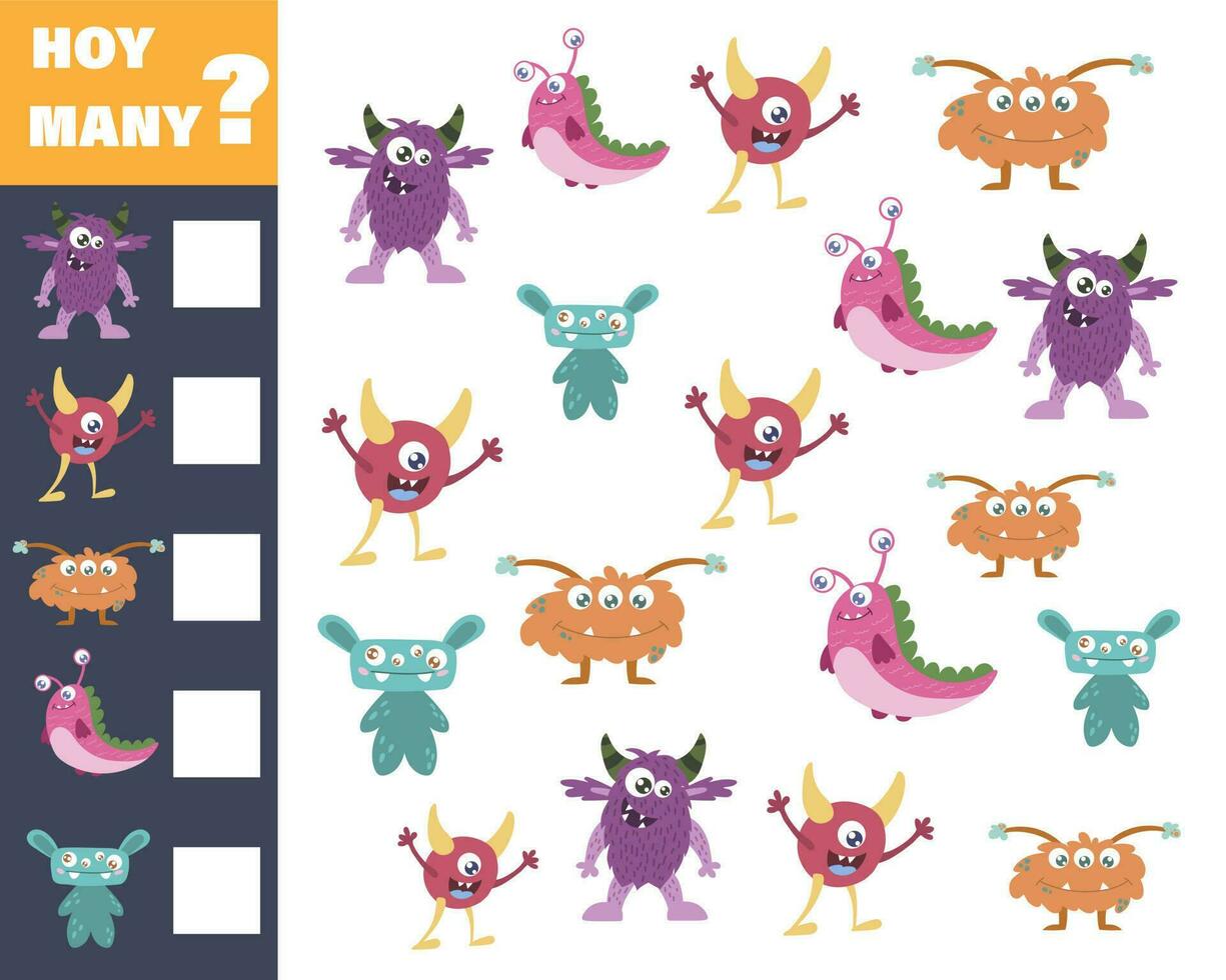 tellen spel voor peuter- kinderen. leerzaam wiskunde spel. tellen hoe veel monsters Daar zijn en Vermelding de resultaat vector