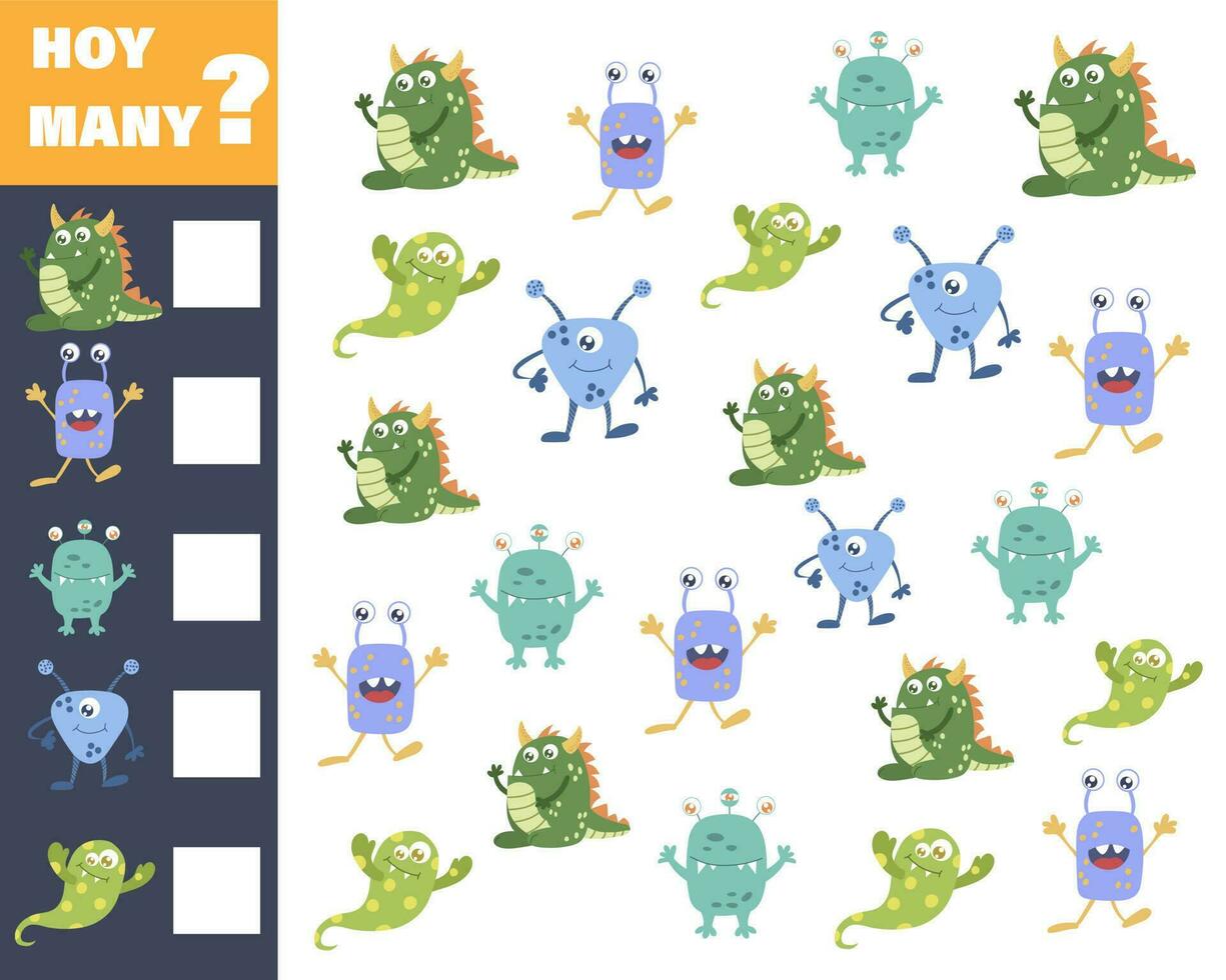 tellen spel voor peuter- kinderen. leerzaam wiskunde spel. tellen hoe veel monsters Daar zijn en Vermelding de resultaat vector