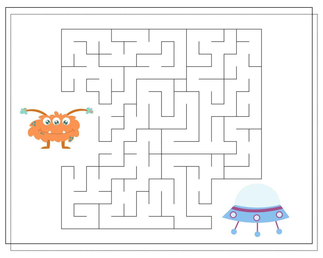 doolhof, een leerzaam spel voor kinderen. vind de manier van de tekenfilm monster naar de vliegend schotel. vector illustratie Aan een wit achtergrond