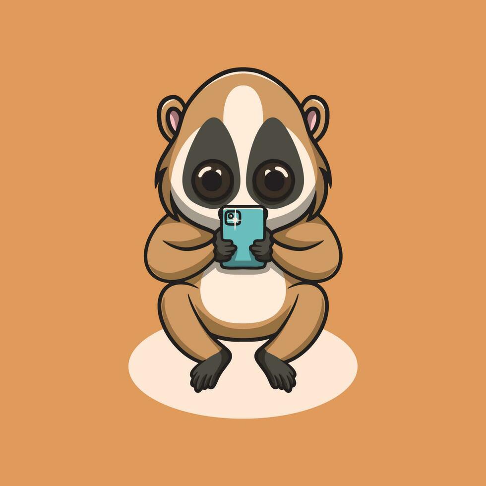 schattig langzaam Loris nemen een foto tekenfilm illustratie vector