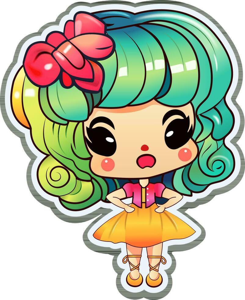 sticker stijl schattig meisje met handen Aan haar taille in staand houding. vector