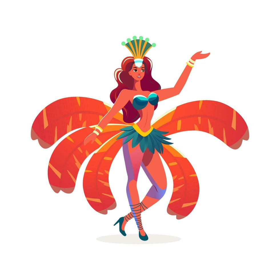 mooi jong vrouw vervelend veer kostuum in dansen houding. carnaval of samba dans concept. vector