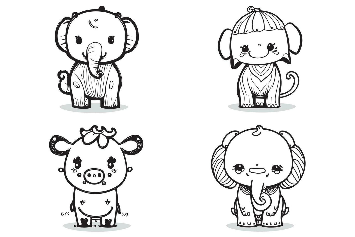 kawaii schattig dier tekening icoon set. hand- tekening. vector illustratie van een koe, olifant.