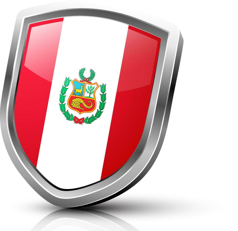 glanzend schild versierd door vlag van Peru. vector