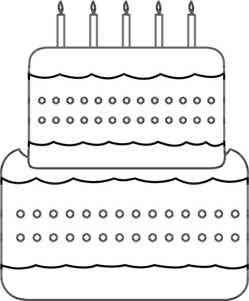 versierd taart met brandend kaarsen in zwart lijn kunst. vector