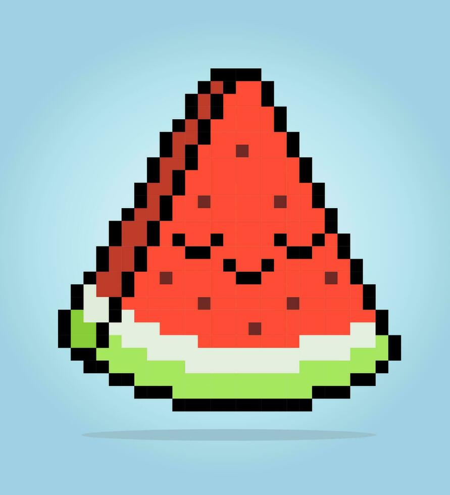 8 beetje pixels watermeloen plakjes. fruit pixels voor spel pictogrammen. illustratie van steek kruis vector patroon