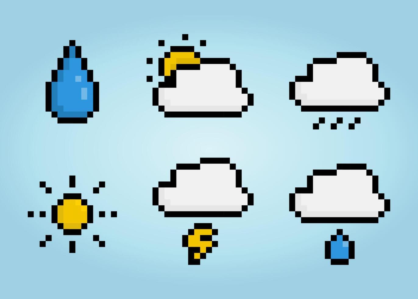 8-bits pixel, ui weer symbool icoon. water pictogrammen, bewolkt, regenen, helder, storm en vochtig in vector illustraties