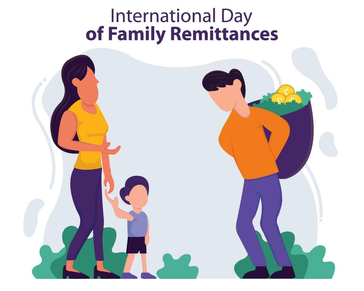 illustratie vector grafisch van een man draag- een stapel van geld Aan zijn terug naar geven naar zijn familie, perfect voor Internationale dag, Internationale dag van familie geldovermakingen, vieren, groet kaart.