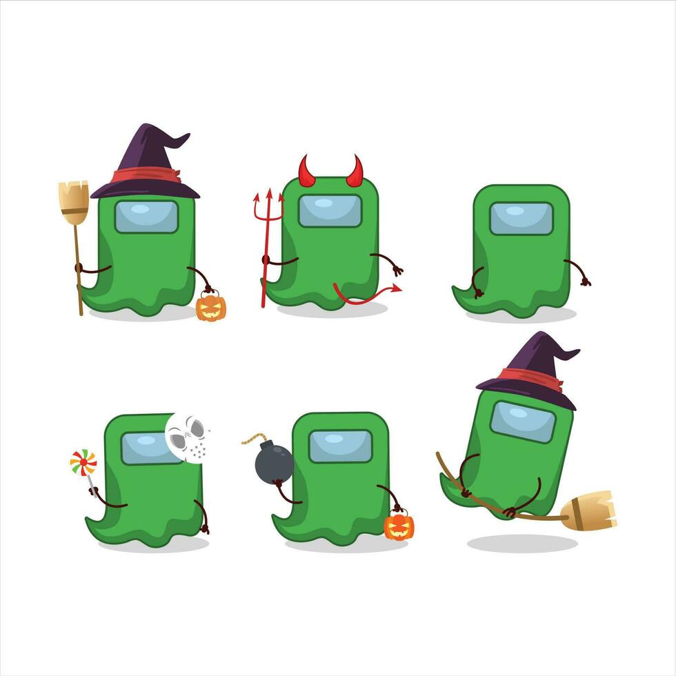 halloween uitdrukking emoticons met tekenfilm karakter van geest tussen ons groen vector