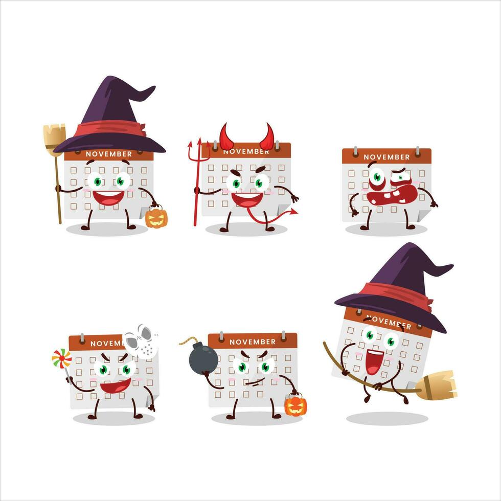 halloween uitdrukking emoticons met tekenfilm karakter van dankzegging kalender vector