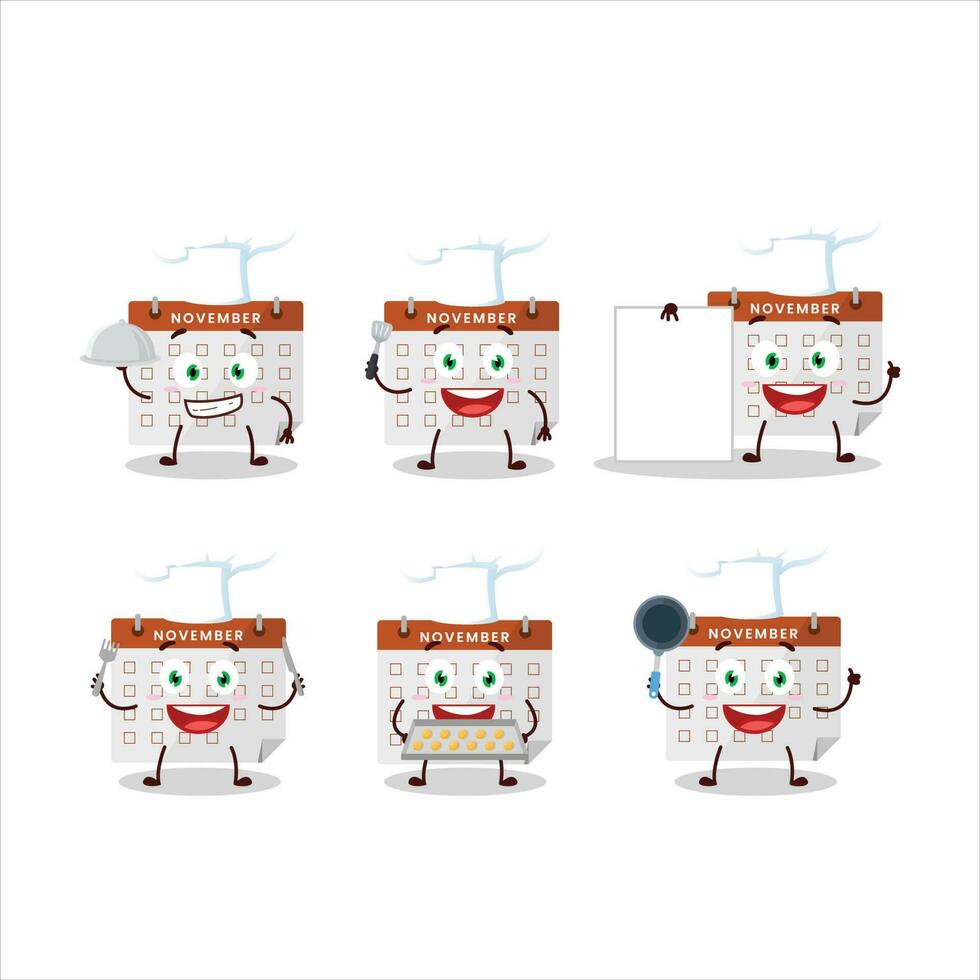 tekenfilm karakter van dankzegging kalender met divers chef emoticons vector