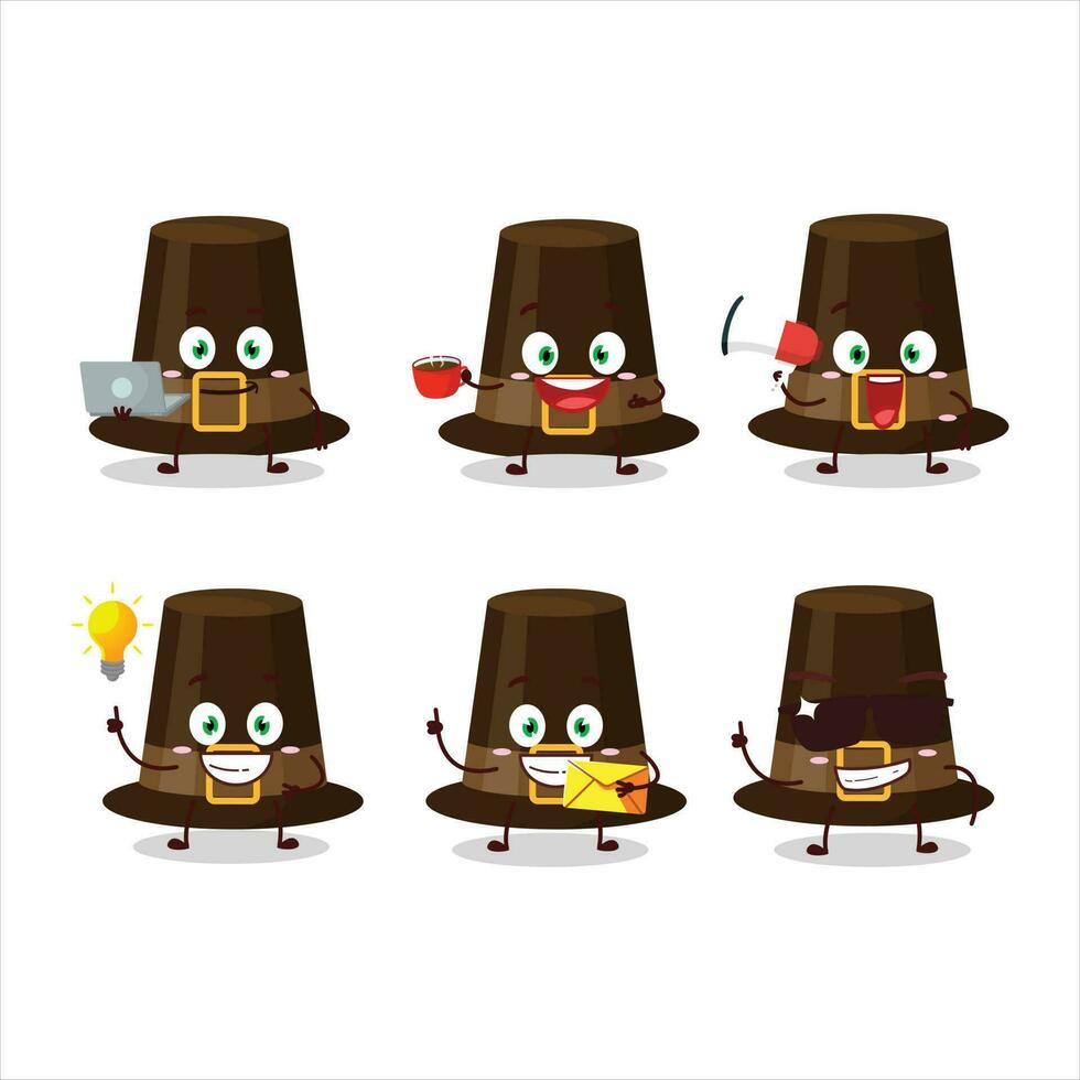 bruin pelgrims hoed tekenfilm karakter met divers types van bedrijf emoticons vector