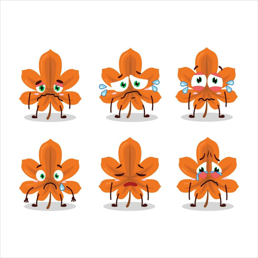 oranje droog bladeren tekenfilm karakter met verdrietig uitdrukking vector