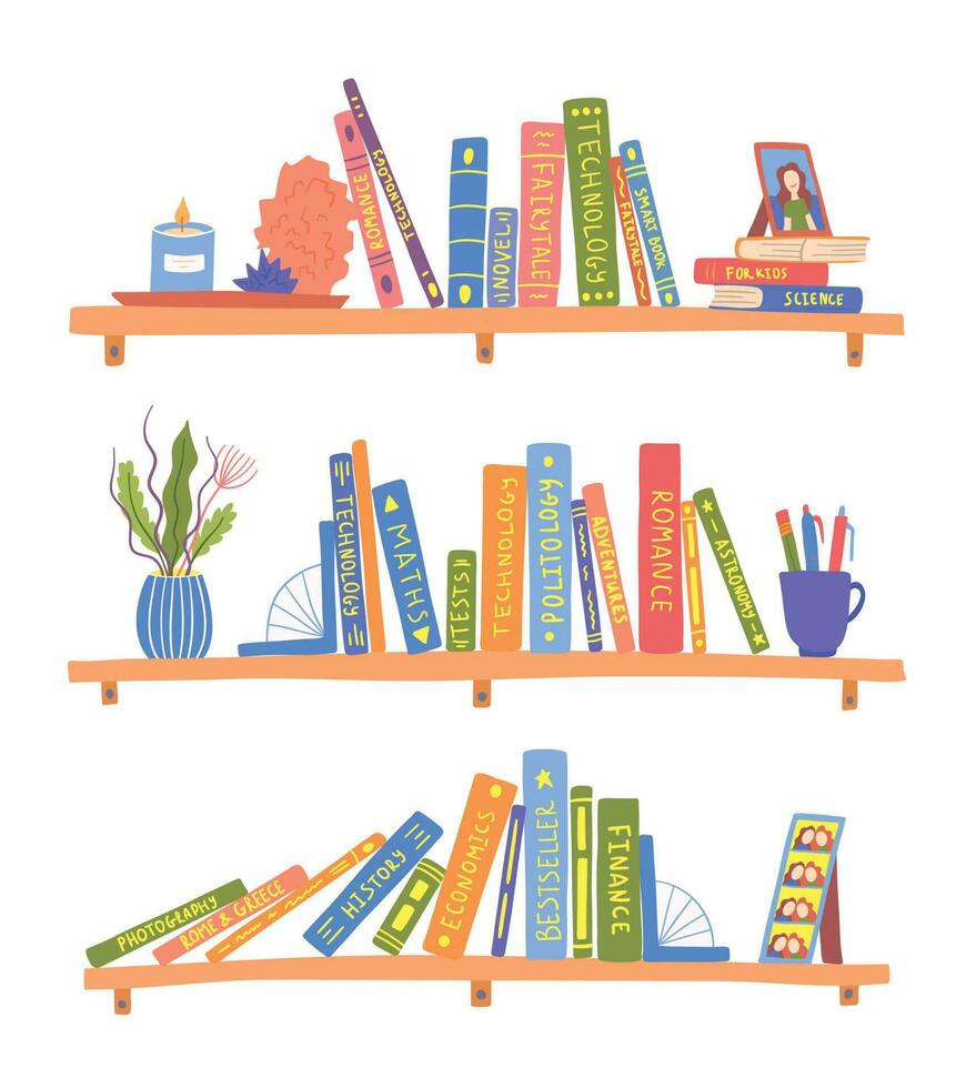 tekenfilm kleur boekenkasten met boeken set. vector