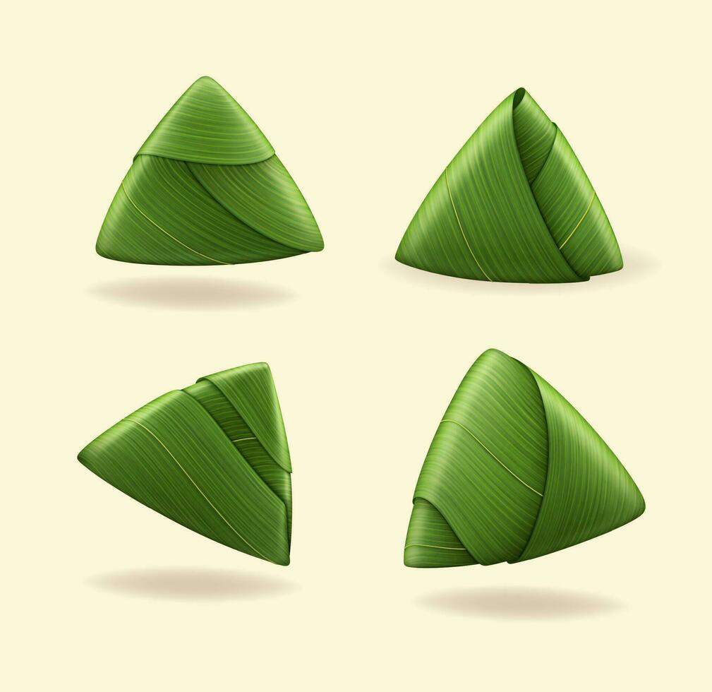 realistisch gedetailleerd 3d Chinese rijst- knoedel verpakt door groen bamboe bladeren. vector